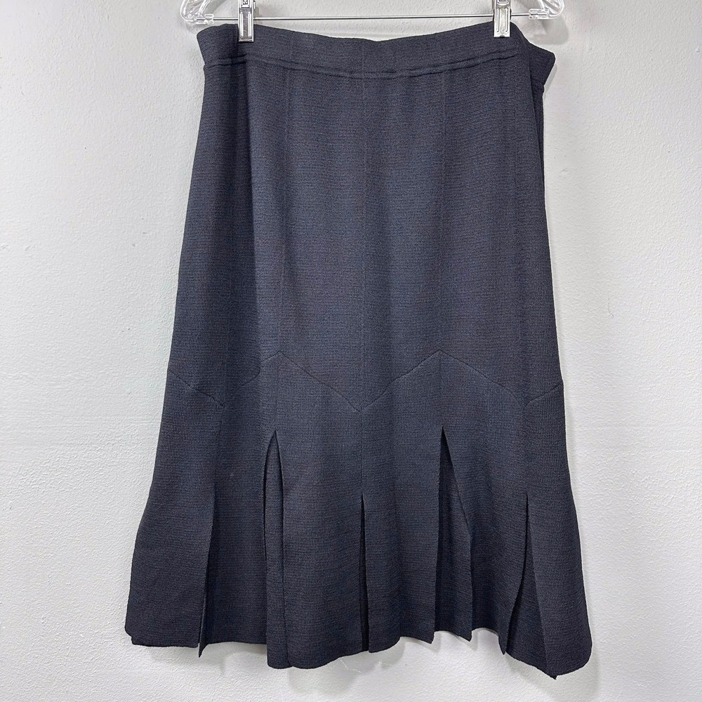 St. John Santana Knit Midi Skirt Size 14 Black Split Hem Career Minimalist Glam